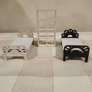 Miniature White and Black Dollhouse Beds With Bookshelf